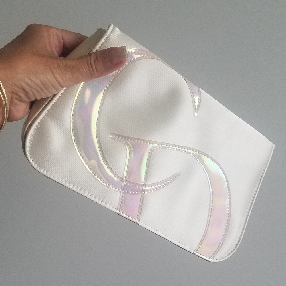 Vintage Christian Dior Satin Cosmetic Clutch Bag Patent Trim & Iridescent Logo